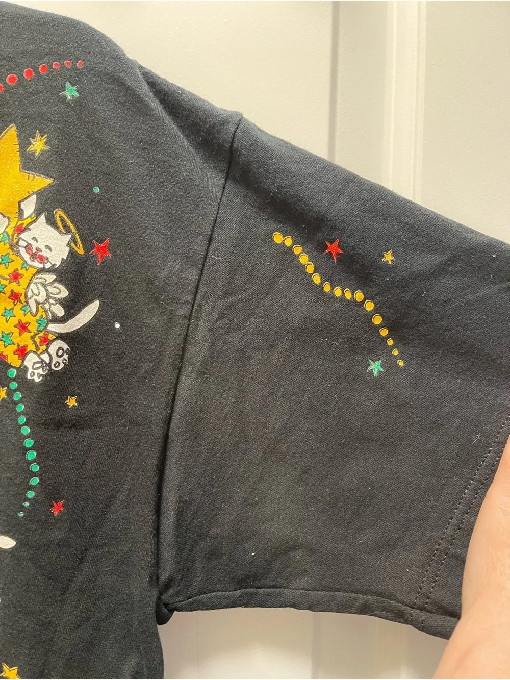 Vintage 90s Jerzees Cat Angel Christmas T Shirt L Black Holiday Graphic USA